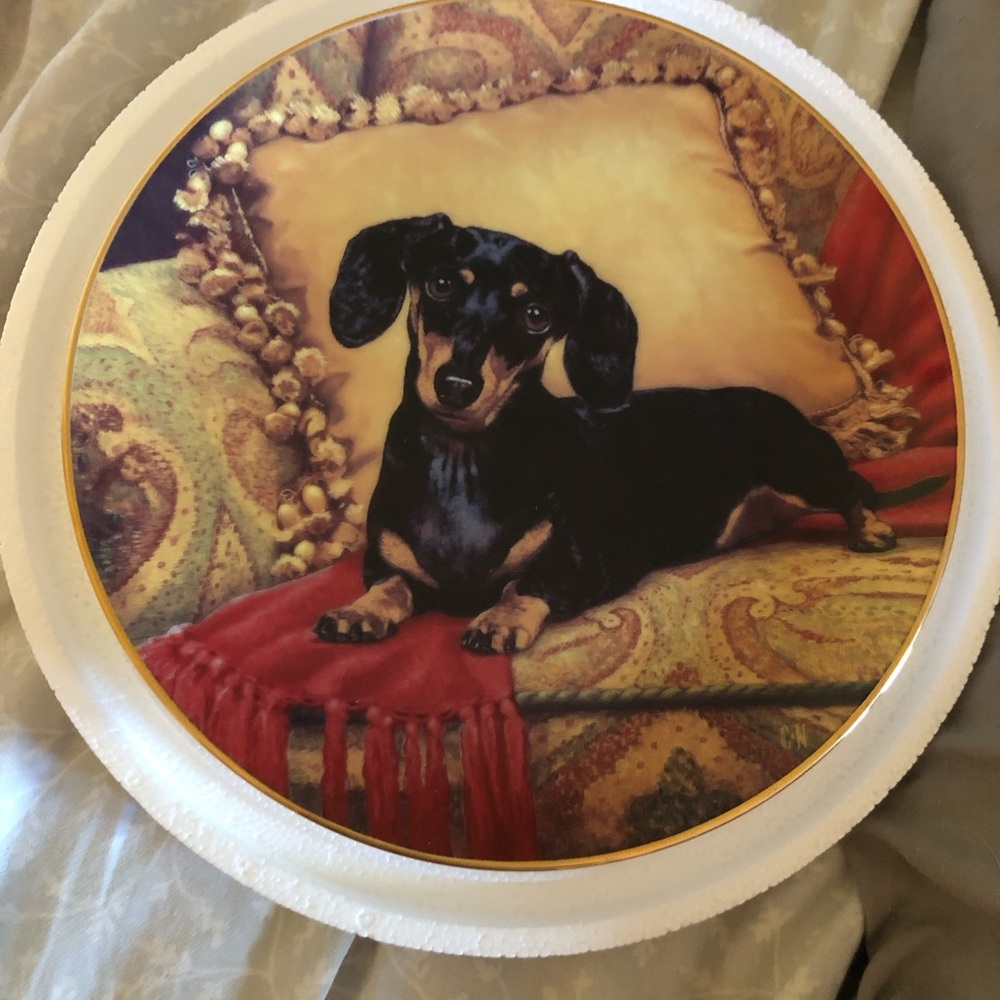 Decorative Round Plate with Black Dachshund Illustration